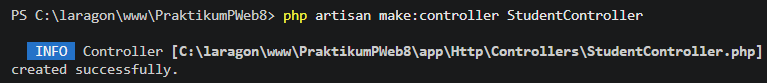 Output pembuatan StudentController